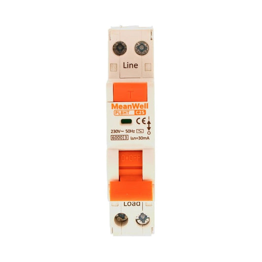 Magnetotermico Differenziale MeanWell Tipo AC Curva C 1 Polo+Neutro 1M 6kA 30mA C25A 230V IP20 IEC61009