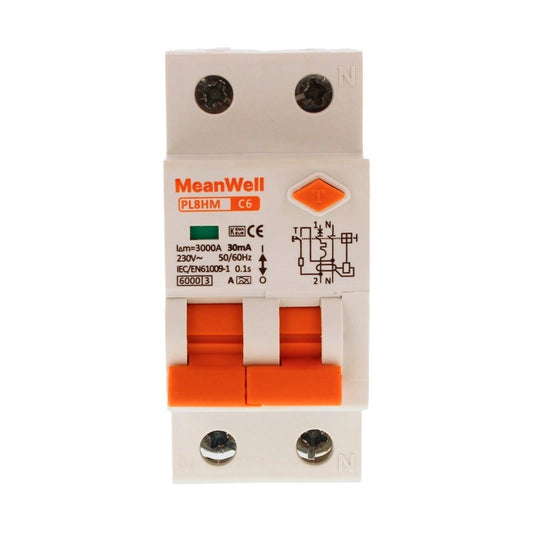 Magnetotermico Differenziale MeanWell Tipo A Curva C 1 Polo+Neutro 2M 6kA 30mA C6A 230V IP20 IEC61009