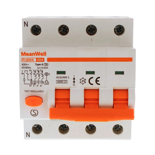 Magnetotermico Differenziale MeanWell Tipo A Curva C 3P+Neutro 4M 6kA 30mA C20A 400V IP20 IEC61009