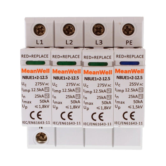 Scaricatore Di Sovratensione MeanWell Tipo 1+2 T1+T2 B+C 3P+Neutro 4M 25kA-50kA 125kV AC 275V IP20 IEC61643