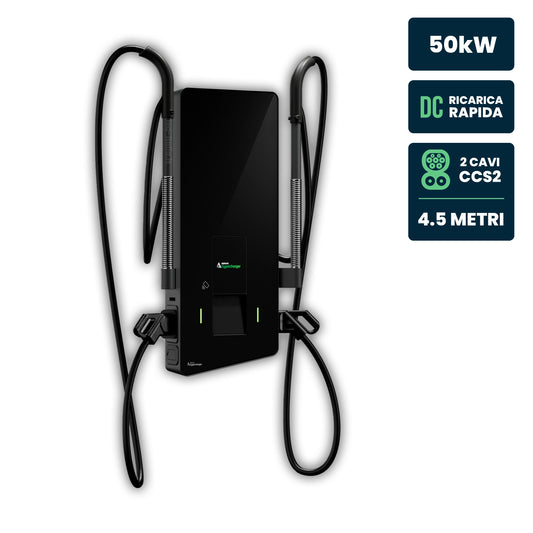 Hypercharger DC 2x25kW Doppio Cavo 4.5m IP55 IK10 Display Colori 10" e RFID