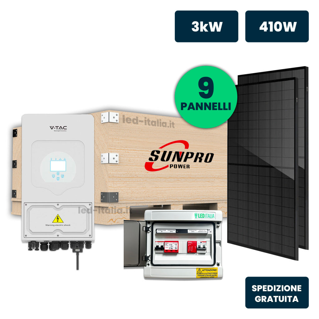 KIT Fotovoltaico Monofase 3kW con Inverter Ibrido, 9 Moduli 430W (3.87kW) Full Black, Quadro Combinato 1-1 AC-DC 3kW senza Accumulo