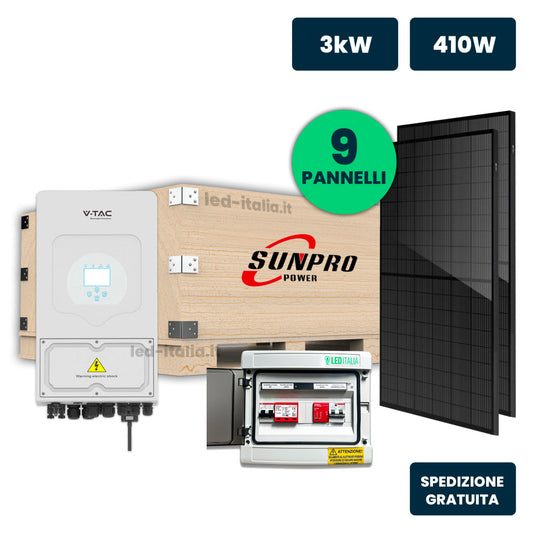KIT Fotovoltaico Monofase 3kW con Inverter Ibrido, 9 Moduli 430W (3.87kW) Full Black, Quadro Combinato 1-1 AC-DC 3kW senza Accumulo