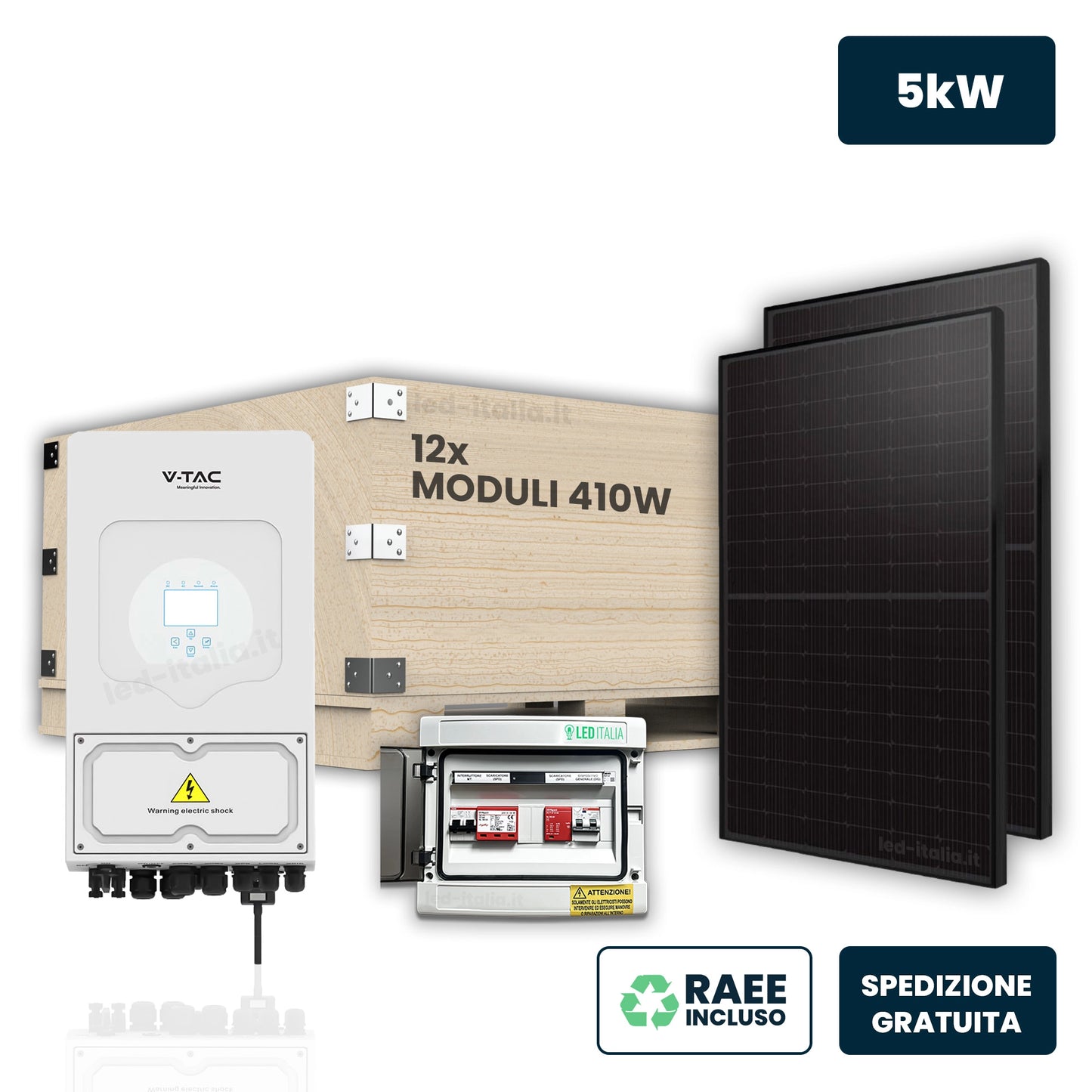 KIT Fotovoltaico Monofase 5kW con Inverter Ibrido, 12 Moduli 430W (5.16kW) Full Black, Quadro Combinato 1-1 AC-DC 5kW senza Accumulo
