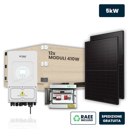 KIT Fotovoltaico Monofase 5kW con Inverter Ibrido, 12 Moduli 430W (5.16kW) Full Black, Quadro Combinato 1-1 AC-DC 5kW senza Accumulo