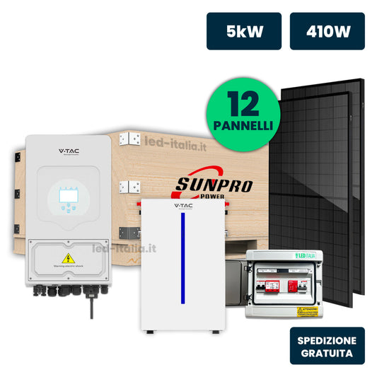 KIT Fotovoltaico Monofase 5kW con Inverter Ibrido, 12 Moduli 430W (5.16kW) Full Black con Accumulo LFP 6kWh e Quadro Combinato 1-1 AC-DC 5kW