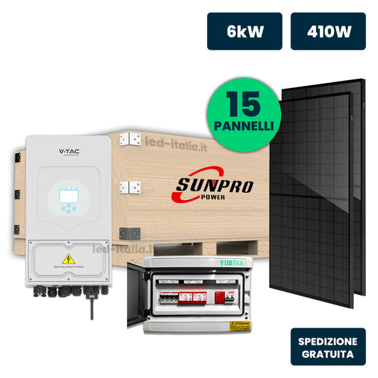 KIT Fotovoltaico Monofase 6kW con Inverter Ibrido, 15 Moduli 430W (6.45kW) Full Black, Quadro Combinato 2-2 AC-DC 6kW senza Accumulo