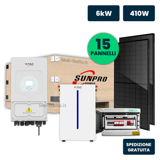 KIT Fotovoltaico Monofase 6kW con Inverter Ibrido, 15 Moduli 430W (6.45kW) Full Black con Accumulo LFP 6kWh e Quadro Combinato 2-2 AC-DC 6kW