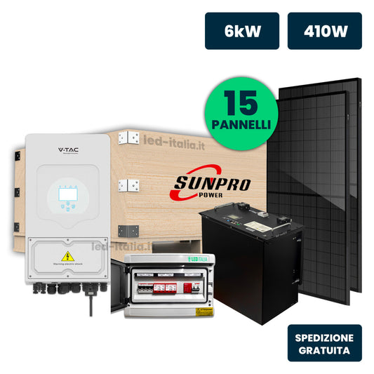 KIT Fotovoltaico Monofase 6kW con Inverter Ibrido, 15 Moduli 430W (6.45kW) Full Black con Accumulo LFP 10kWh e Quadro Combinato 2-2 AC-DC 6kW