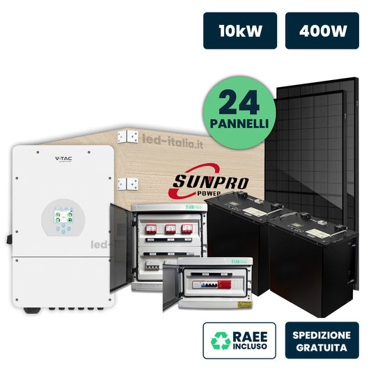 KIT Fotovoltaico Trifase 10kW con Inverter Ibrido, 24 Moduli 430W (10.32kW) Full Black con Accumulo LFP 20kWh, Quadri DC 3-3 e AC 1-1 10kW