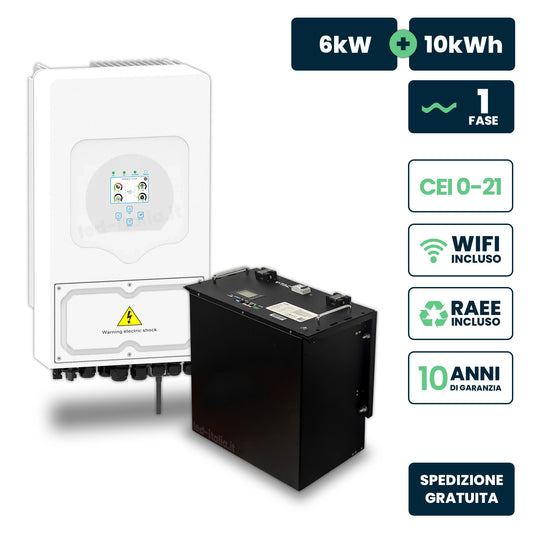 Kit Fotovoltaico Monofase 6kW con Inverter Ibrido Deye bianco e Batteria LiFePO4 10kWh, Doppio MPPT, CEI 0-21, WiFi, Garanzia 10 Anni (11529 + 11523)