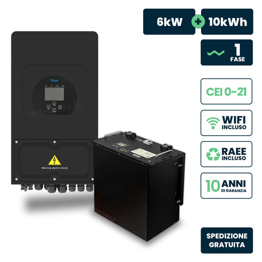 Kit Fotovoltaico Monofase 6kW con Inverter Ibrido Deye nero e Batteria LiFePO4 10kWh, Doppio MPPT, CEI 0-21, WiFi, Garanzia 10 Anni (115291 + 11523)