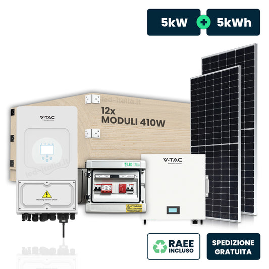 KIT Fotovoltaico Monofase 5kW con Inverter Ibrido Deye, 12 Moduli 430W (5.16kW) Full Black con Accumulo LFP 5kWh CEI 0-21 Quadri AC/DC 1/1 5kW