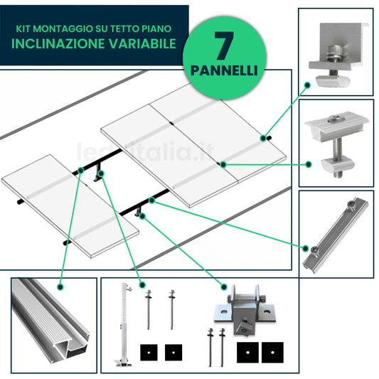 Kit Struttura per 7 Pannelli 30mm Tetto Piano Inclinazione Variabile
