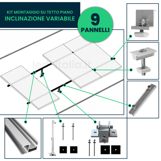 Kit Struttura per 9 Pannelli 30mm Tetto Piano Inclinazione Variabile